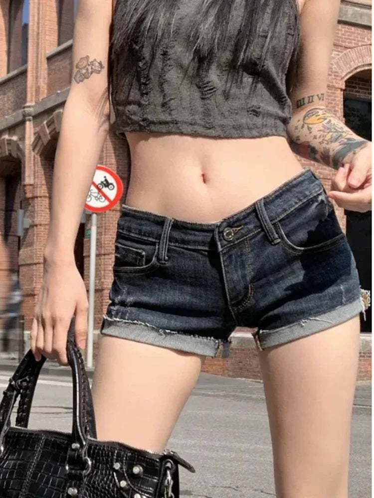 Summer New Female Fashion Hot Girl Street Casual Hip Wrap Sexy Mini Shorts Women's Low Rise Elastic Tight Curled Denim Shorts