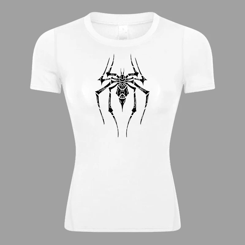 Spider Print Short Sleeve Compression Shirt for Women Athletic Running Workout Yoga T-Shirt Tees Baselayer Tops Gym Sports Gear