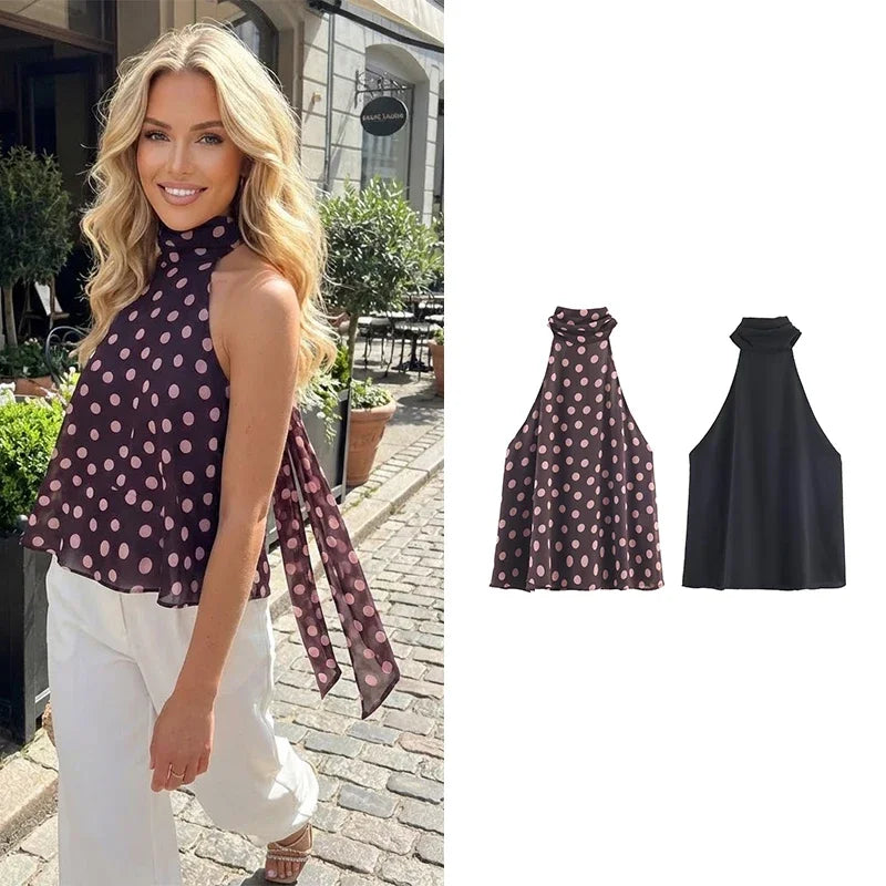 FANAN Women Fashion Satin Backless Lace Up Tops Vintage Halter Neck Sleeveless Female Chic Lady Tops