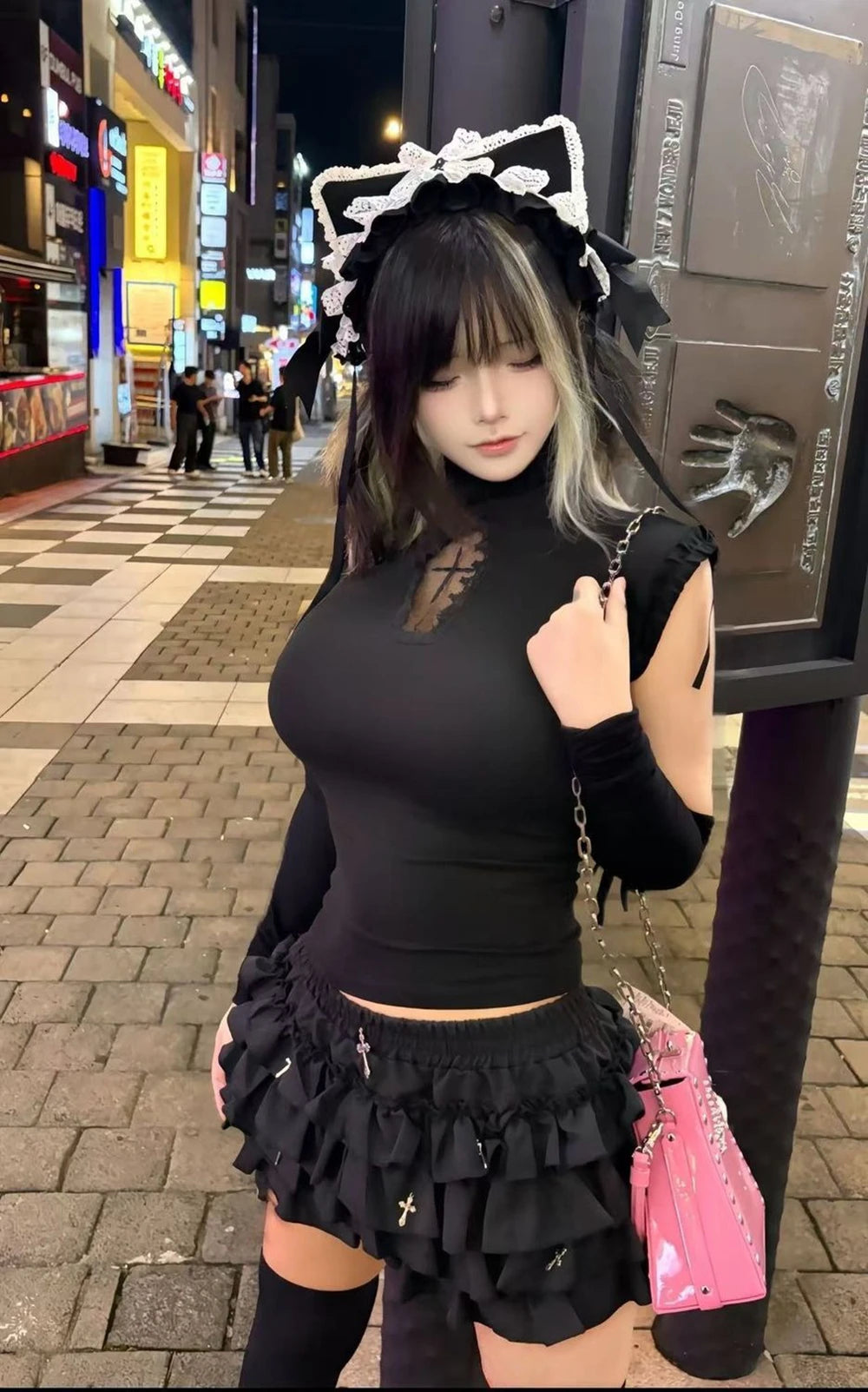 Women Mini Skirts Tiered Ruffles Gothic Skirts with Cross Charms Built-in Shorts Kawaii Sukapan Skort Punk Coquette Y2K Black