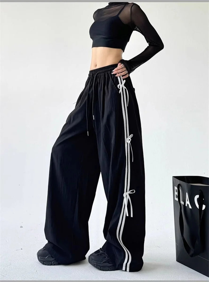 Retro Side Stripe Bowknot Wide Leg Pants Women High Waist Casual Sports Trousers Harajuku Cargo Pants Streetwear Hip Hop Joggers