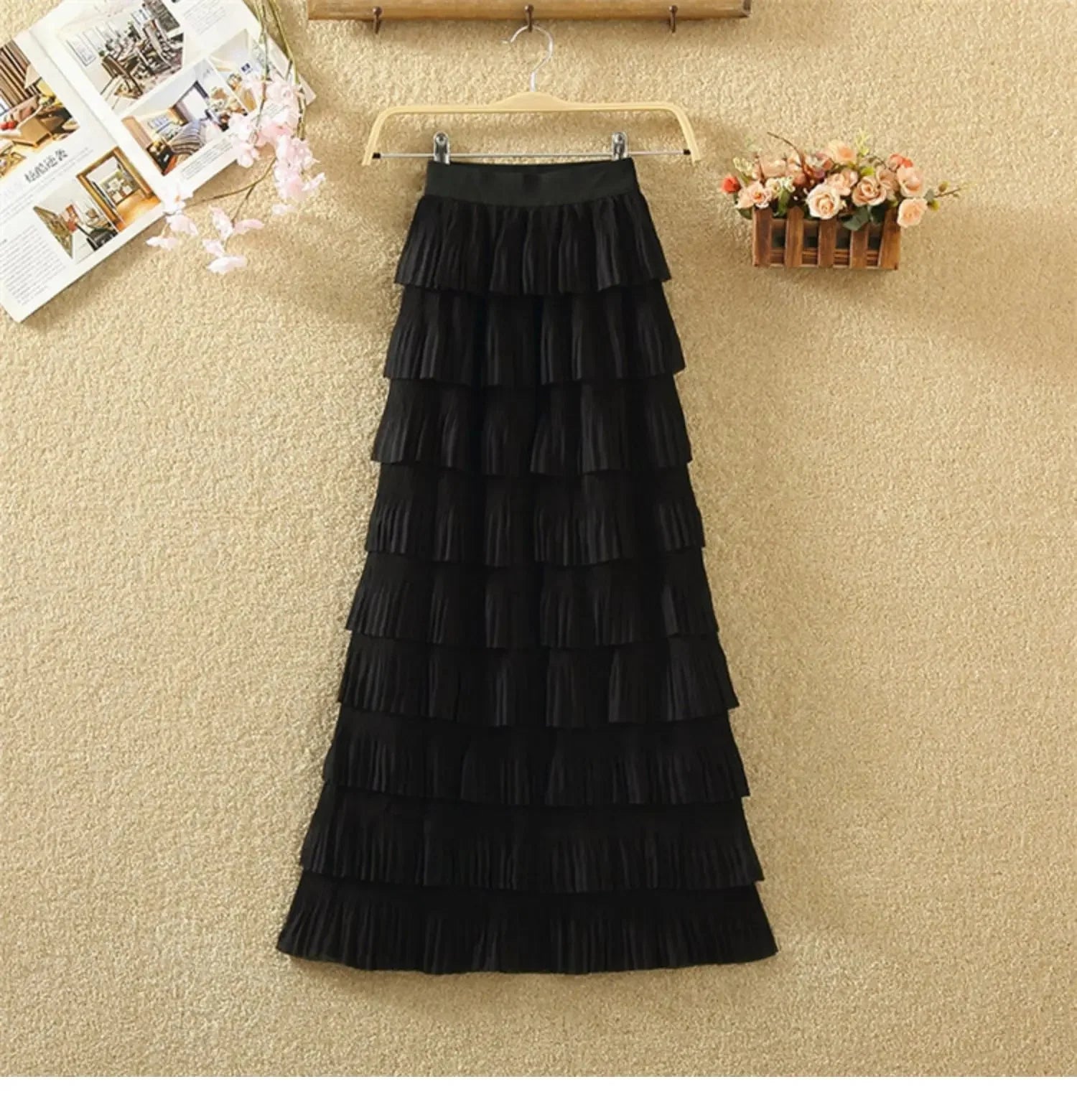 Plus Size High-Waisted Slimming Elastic Waist Chiffon Skirt Medium-Length Slim Fit Semi-Circular Layered Cake Skirt Plus Size...
