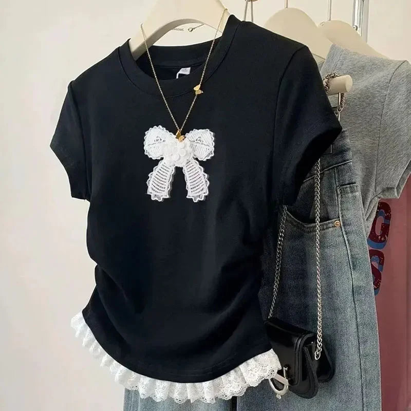 Fanan Retro Bow Lace Short Sleeved T-shirt Woman Y2K Round Neck Stitching Design Top Women Summer Korean Slim Fit Cropped Tees