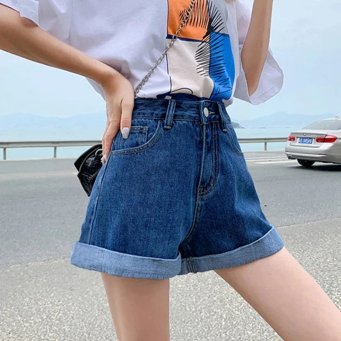 High-Waist Cuffed Denim Shorts Women Summer Korean Style Student Loose Slimming Outerwear A-Line Wide Leg Hot Pants Y2K Shorts