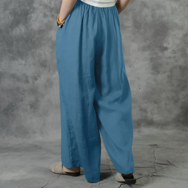 Boho Cotton Linen Pants for Women Comfortable Elastic Waist Drawstring Wide Leg Trousers Loose Fit Flowy Summer Pants