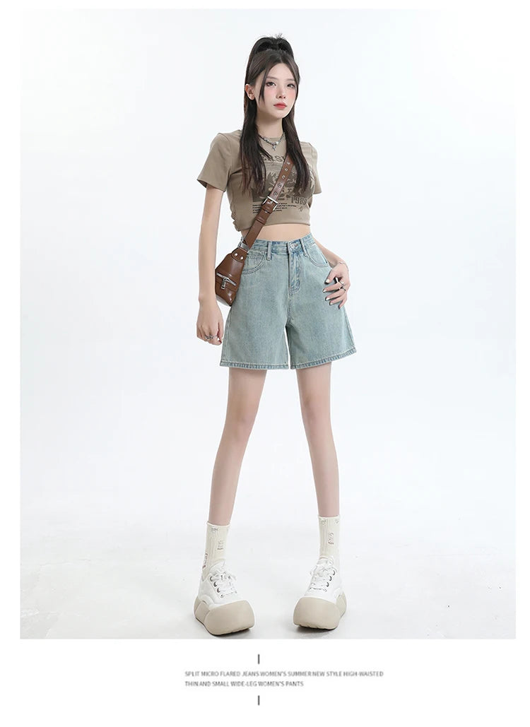 Women's Dark Blue High Waist Denim Shorts Loose Wide Leg Design Sense Niche Vintage Style