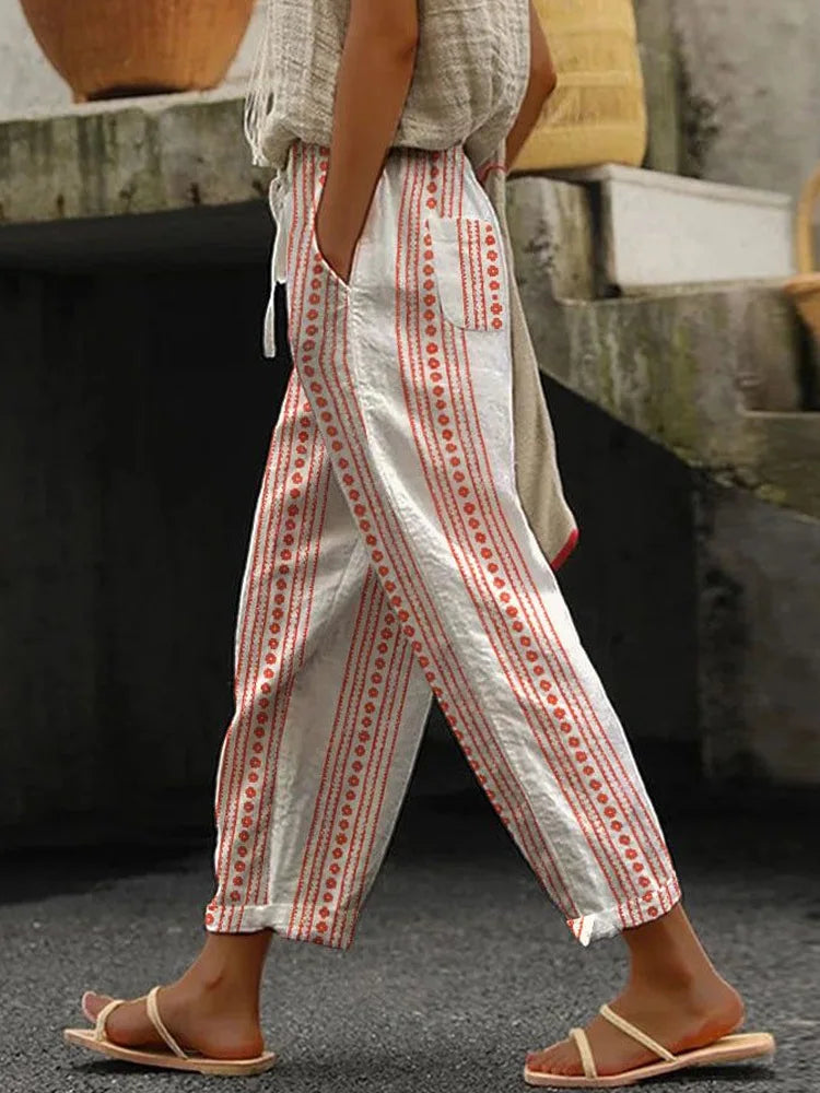 2025 New Women's Trousers Vertical Striped Drawstring Elastic Waist Pocket Fashion Street Versatile Casual Pants