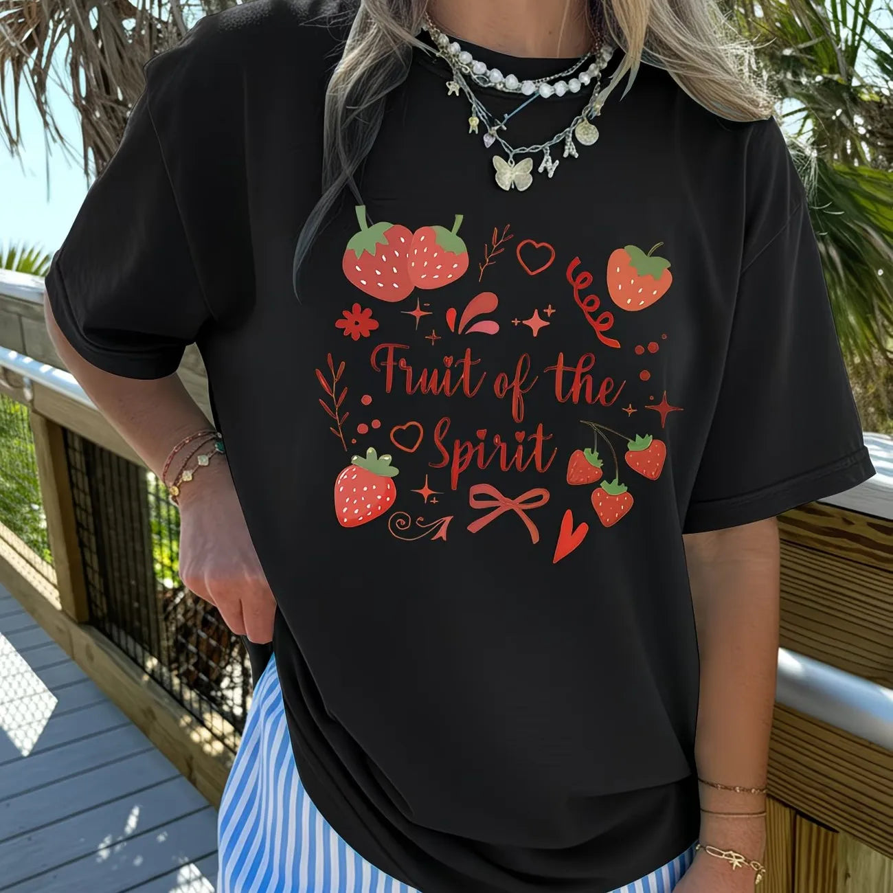 Fruit of the Spirit Christian T Shirt Cute Strawberry Bow Graphic Tops Women Trendy Aesthetic Casual Short Sleeve Tee
