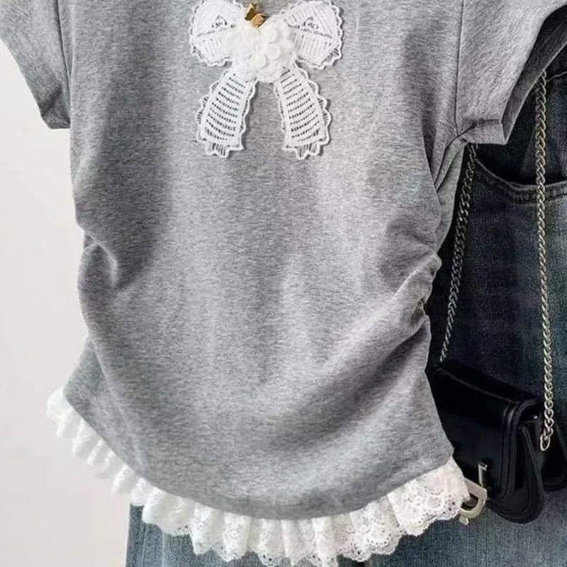 Fanan Retro Bow Lace Short Sleeved T-shirt Woman Y2K Round Neck Stitching Design Top Women Summer Korean Slim Fit Cropped Tees