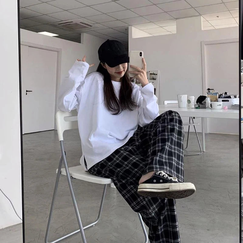 S-3Xl Plaid Wide Leg Pants Women Harajuku Oversized Sweatpants Streetwear Vintage High Waist Baggy Joggers All Match Trousers